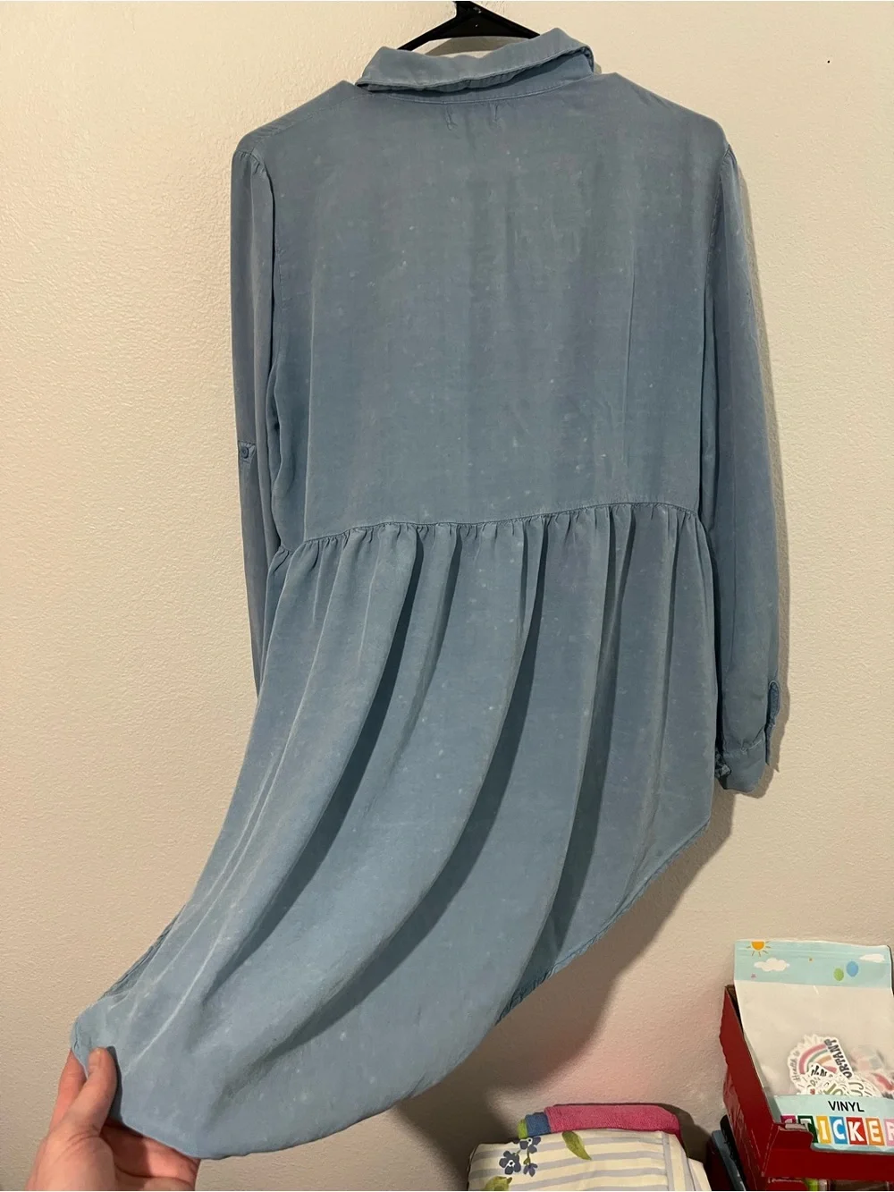 Umgee Dusty Blue Button-Front Baby doll Peplum Tunic with Lace Hem - Picture 8 of 16